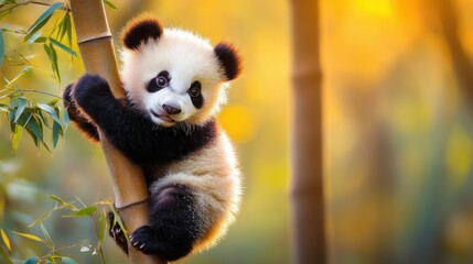 Fototapeta premium Cute Panda Cub Climbing Bamboo Stalk in Lush Green Environment