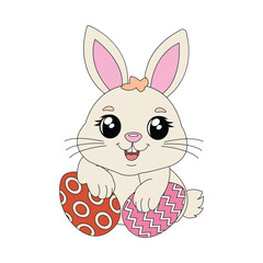 Isolated rabbit with Easter egg. Icon for stickers, print or embroidery. Vector illustration.