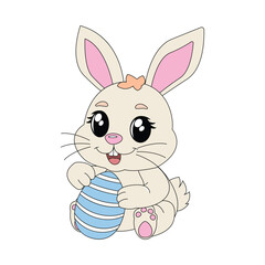 Isolated rabbit with Easter egg. Icon for stickers, print or embroidery. Vector illustration.