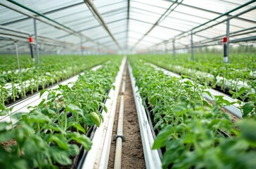 The interior of the greenhouse is filled with rows and columns of cucumber plants, growing in white rectangular plastic boxes, which have green leaves that show signs of lush growth