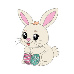 Isolated rabbit with Easter egg. Icon for stickers, print or embroidery. Vector illustration.