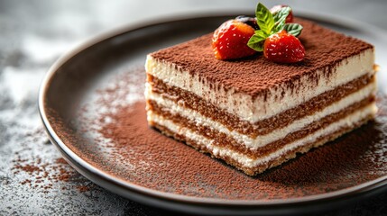 Delicious Tiramisu Dessert with Cocoa Powder, Strawberries, and Mint on Elegant black Plate