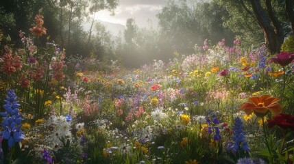 Obraz premium Vibrant Wilderness with Colorful Flowers and Soft Morning Light