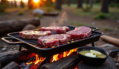 A close-up shot of raw beef being cooked on a charcoal grill with visible flames