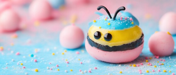 Obraz premium Decorative candy bee, dessert displayed on blue, speckled pastel surface