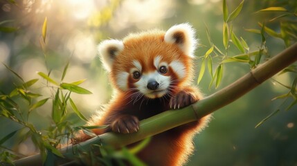 Fototapeta premium Cute red panda resting on bamboo branch in a serene forest setting