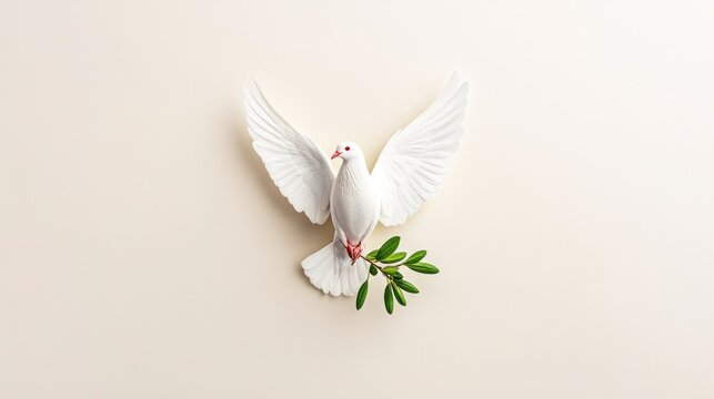 Peaceful white dove carrying olive branch on clear background for design with copy space
