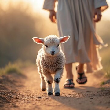 Lamb Walking Beside a Person on a Sunlit Path