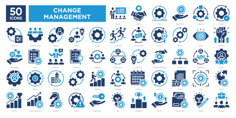 Change management icon collection set, including leadership, strategy, adaptation, teamwork, and process improvement. Ideal for presentations, infographics, and business materials.