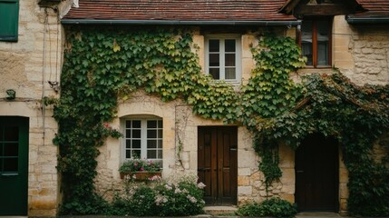 Obraz premium A charming stone house exterior covered with climbing green vines