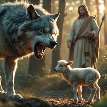 A snarling wolf confronts a lamb in a forest while a shepherd watches over them, symbolizing protection and faith