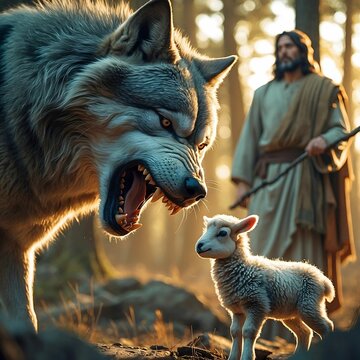 A snarling wolf faces a small lamb in a forest while a shepherd with a spear watches protectively, symbolizing faith and guardianship