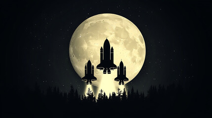 Three rockets launch against a full moon backdrop, illuminating a dark forest silhouette