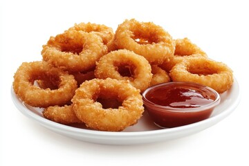 Calamari rings with dipping sauce on a white plate against a white background