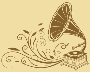 Vintage Gramophone with Floral Swirls. Elegant vintage vector illustration of a classic gramophone with decorative floral swirls. Retro music concept in warm golden tones.