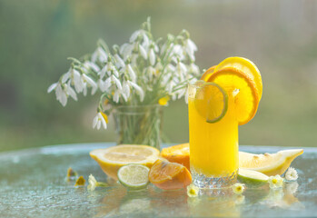 Orange juice, snowdrops and citrus fruits early in the morning