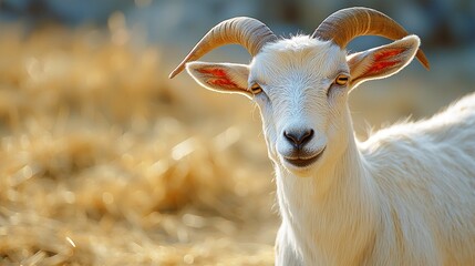 Obraz premium A white goat with curved horns stands in a field of hay