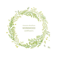 wreath of Artemisia absinthium. round frame of common wormwood herbs. circle border of wild sagebrush.