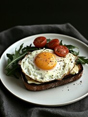Healthy Breakfast Delight: High-Protein Egg and Whole Grain Toast with Fresh Vegetables and Organic Arugula