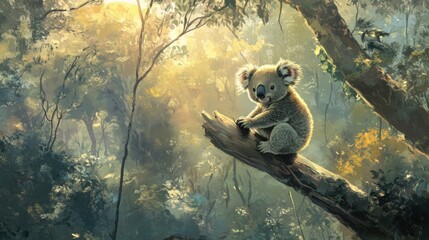 Obraz premium Koala Sitting on Tree Branch in Lush Forest with Soft Lighting