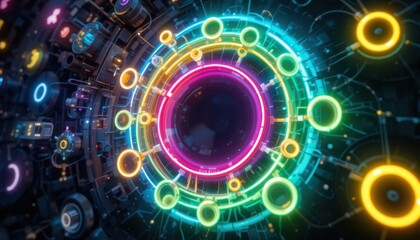 Obraz premium Dynamic abstract circles digital space 3d art vibrant colors aerial view futuristic concept