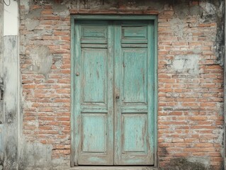 Vintage Turquoise Doorway: A Rustic Architectural Gem with Weathered Brick Wall, Perfect for Adding Character to Your Design Projects and Home Decor