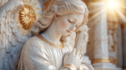 Naklejka premium Heavenly statue of angel with wings standing gracefully in serene garden at sunset