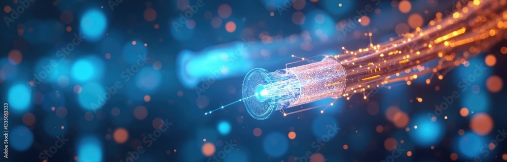 Aufkleber Glowing fiber optic broadband cables transmit internet data in modern technology. Fiber optics fast connection in tech business. Backdrop blurred with lens flares for futuristic background with bokeh