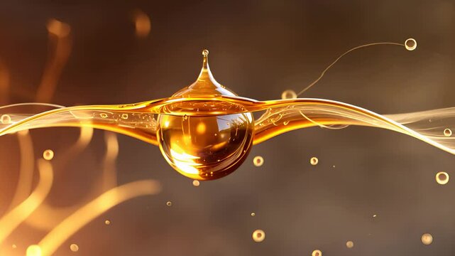 Close-Up of Golden Liquid Droplet in Mid-Air with Flowing Liquid Trails and Soft Bokeh Background


