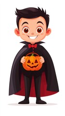 Smiling child dressed up as a vampire holding a carved pumpkin for halloween night, celebrating trick or treat tradition