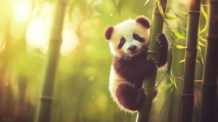 Obraz premium Playful Baby Panda Climbing Bamboo in Lush Green Forest Setting