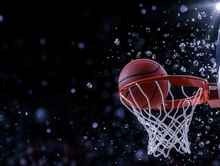 Basketball splashing through the hoop during a dynamic game in a packed arena