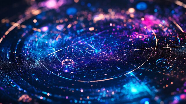 A close-up of a shimmering star map swirling with vibrant blues and purples, with hidden constellations forming subtle, cryptic symbols.