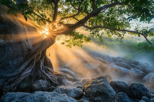 Chae Son National Park Thailand rocky hot springs morning mist and sunlight filtering through trees - Powered by Adobe