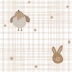 Seamless pattern with a soft beige plaid background featuring a cute chicken and rabbit illustration. A cozy and rustic design, perfect for fabric, wallpaper, children’s products, and farmhouse-style 
