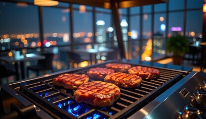 A close-up shot of raw beef being cooked on a charcoal grill with visible flames