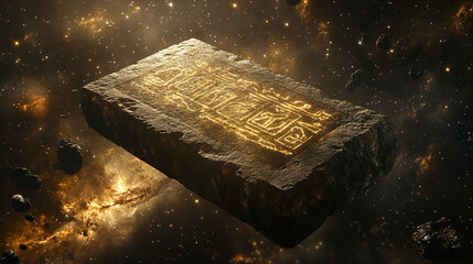 A close-up of an ancient tablet floating in space, its surface inscribed with faded celestial symbols and bathed in the light of distant quasars.