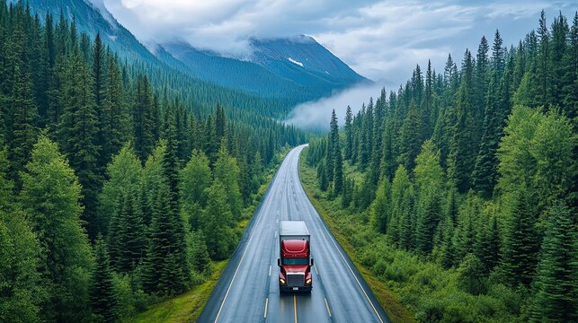 Truck travels along a winding road surrounded by lush green forests and misty mountains on a rainy day