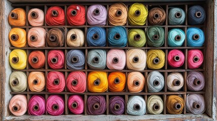Fototapeta premium Colorful collection of thread spools organized in a wooden box, showcasing a vibrant spectrum of hues for sewing enthusiasts and hobbyists to enjoy