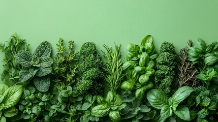 Fresh collection of assorted herbs and greens displayed on a vibrant green background in a kitchen setting