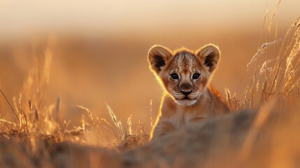 Obraz premium Playful Lion Cub Resting in Tall Grass During Golden Hour Light