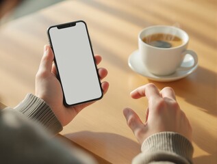 Close-up of hands holding smartphone with blank screen near steaming coffee cup on wooden table, warm lighting, creative workspace concept. Ai generative