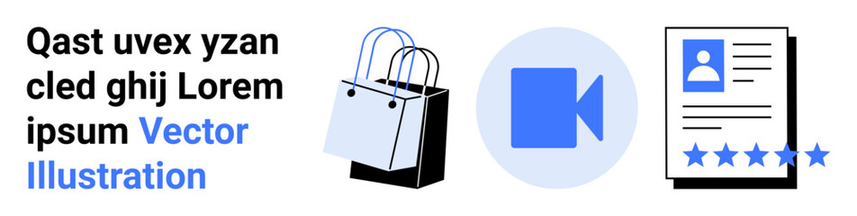 Shopping bags for online shopping, video play icon for media promotion, review card with user profile and stars. Ideal for e-commerce, customer feedback, media, retail, marketing, online services