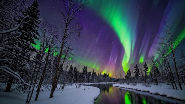 Aurora borealis over snowy landscape with reflection on river, night sky. Natural wonder and beauty concept