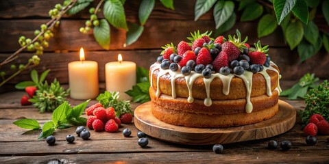 A delicate, golden-brown cake with a sweet glaze and fresh berries on a rustic wooden board, surrounded by lush greenery and candles , dessert on a board, nature