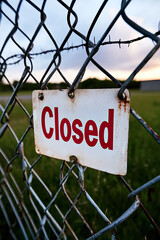 Closed sign hanging on rusty fence, indicating abandonment and neglect
