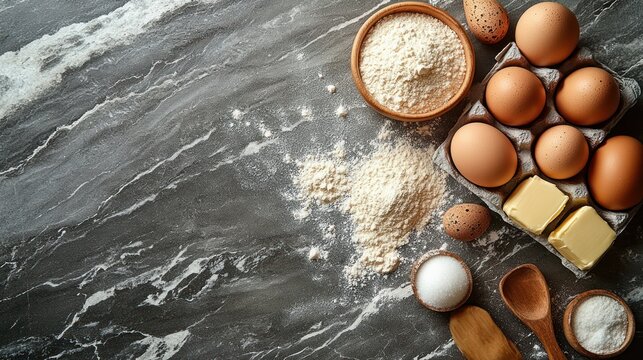 Baking ingredients spread on a countertop