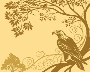 Elegant Eagle on Tree Branch - Vintage Nature Vector Illustration. Stylized vector illustration of a majestic eagle sitting on a tree branch with floral swirls and decorative elements. Golden vintage.