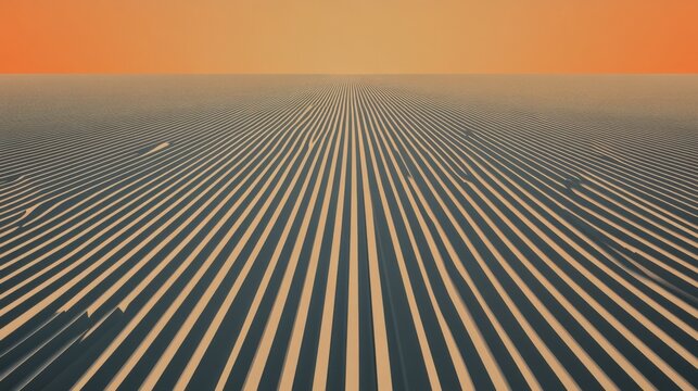 Vast desert landscape with parallel lines converging at the horizon under an orange sky.