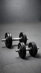 Pair of dumbbells on a gym floor. Fitness, workout, or exercise equipment theme. Perfect for fitness, sports, or gym concepts.